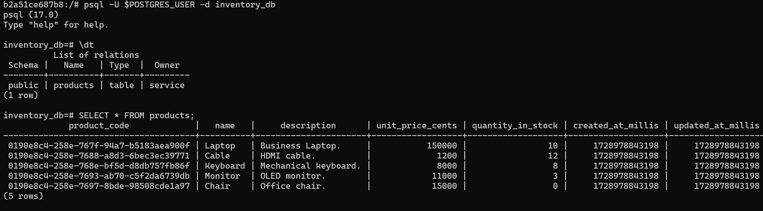 psql inventory db inside container